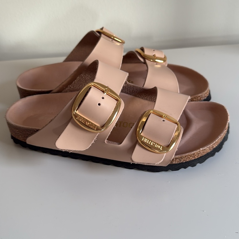 BIRKENSTOCK Arizona Big Buckle High Shine Leather Slide Sandals Nude 39 8-8.5 - Picture 7 of 16